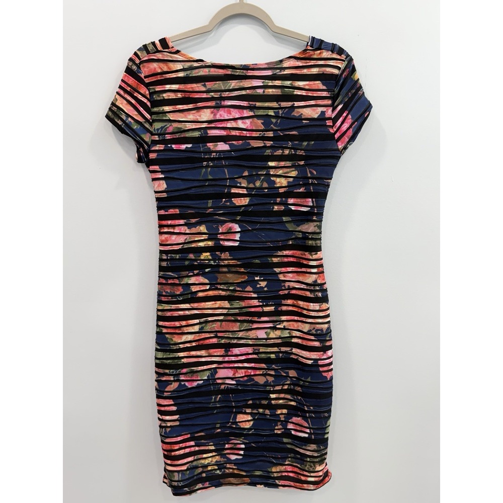 Joseph Ribkoff 6 Abstract Floral Stripe Ruched Draped Dress Short Sleeve V-Neck - Picture 5 of 9